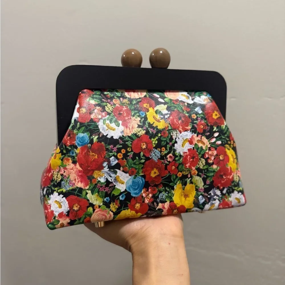 Floral Print Cowhide Leather Handmade Wooden Frame Clutch Bag/Crossbody